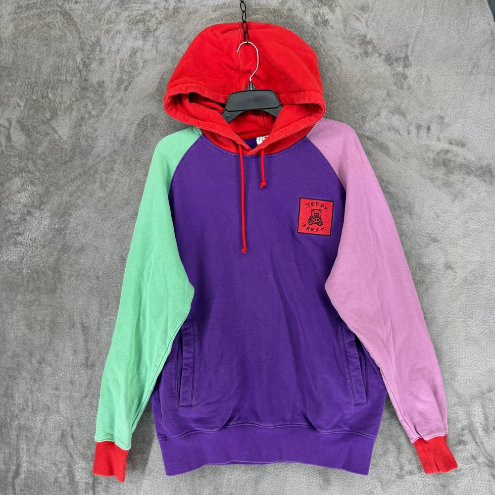 Teddy Fresh Hoodie Mens M Colorblock Purple Red Green Pink Pullover EUC